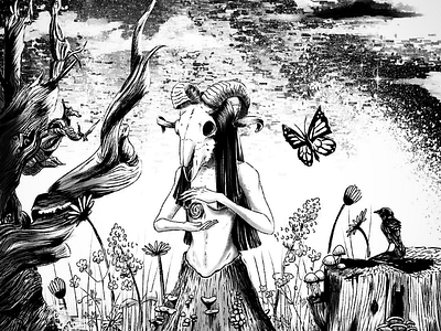 Mother Nature black and white butterfly creepy eerie fantasy flowers forest magical mother nature mystical mythical nature night sky pen and ink raven skull