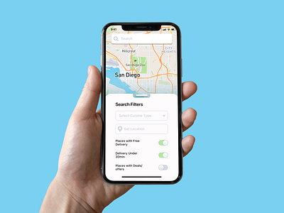 Map with Selection Controls application buttons delivery design figma filters food graphic design ios iphone 13 max pro search search field search filters ui
