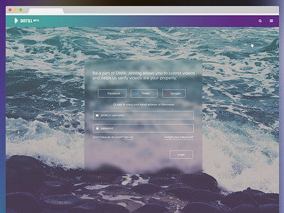 Distill - Sign Up - Blurred Frosted Background blue blur categories creatives frosted ios purple upload video web app