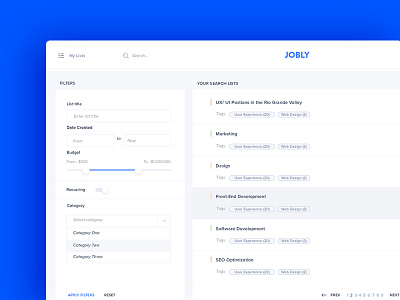 Jobly application blue dash filters material design ui ux web app