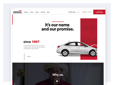 Pronto Insurance Website Redesign - About Page about page car insurance care desktop history history of redemption our company quote red redesign responsive services timeline ui user experience user interface ux video webdesign