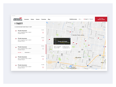 Pronto Insurance Website Redesign - Locations contact find a location franchise locations map red redesign responsive search tooltip ui user experience user interface ux website