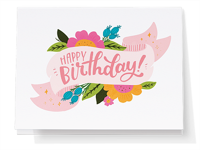 Happy Birthday Banner With Flowers Greeting Card greeting card handlettering happy birthday illustration lettering