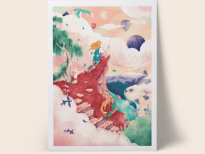 Storybook Print - Full balloon book character clouds digital illustration environment environment design fantasy fish illustration landscape landscape illustration mountain pink story storybook whale whimsical