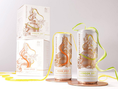 Ecology + Co alcohol botanical can design copper digital illustration etching gin illustration ingredients packaging sophisticated traditional