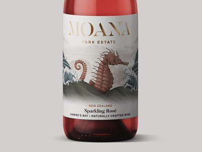 Moana Park - Sparkling Rosé bottle digital illustration hand drawn illustration ocean packaging packaging illustration pink rosé seahorse waves wine wine label