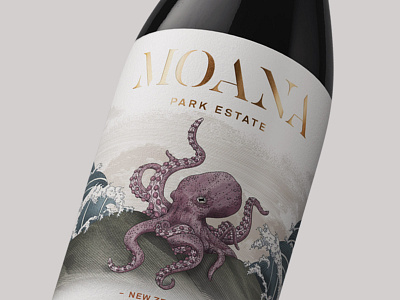 Moana Park - Pinot Gris digital illustration hand drawn illustration label illustration ocean octopus packaging packaging illustration waves wine wine bottle wine label