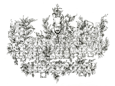 Elemental Distillers botanical design distillery floral flower foliage hand drawn illustration ink leaf promotional design science steampunk table of elements