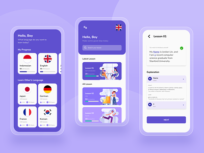 Language Learning App Concept design language app learning app learning platform mobile mobile ui purple ui uiux uiuxdesign