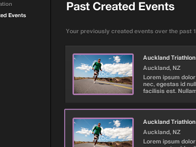 Events List admin dark dashboard events gradient list purple ui