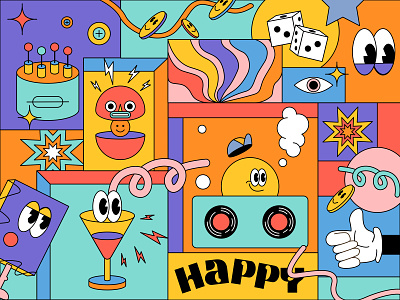 happy vibes branding colorful design dice drink electricity fun graphic design happy illustration lines modern outline smiley spark vector wallpaper