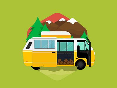 Traveling art bus clean color flat graphic design illustration mountains simple travel tree vector