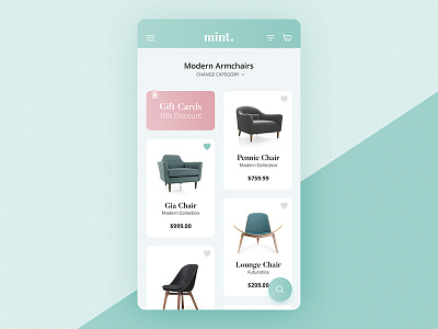 Mint - Modern Furniture Store App app chair clean ecommerce furniture grid ios list products shop ui ux