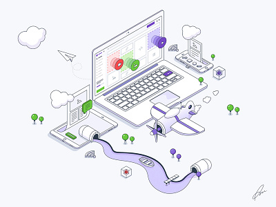 Isometric Illustration air boat box cloud fly illustration ipad iphone isometric package plane trees