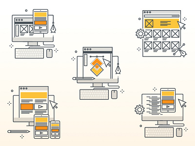 Digital studio services, take two custom digital elements grey icons line orange studio