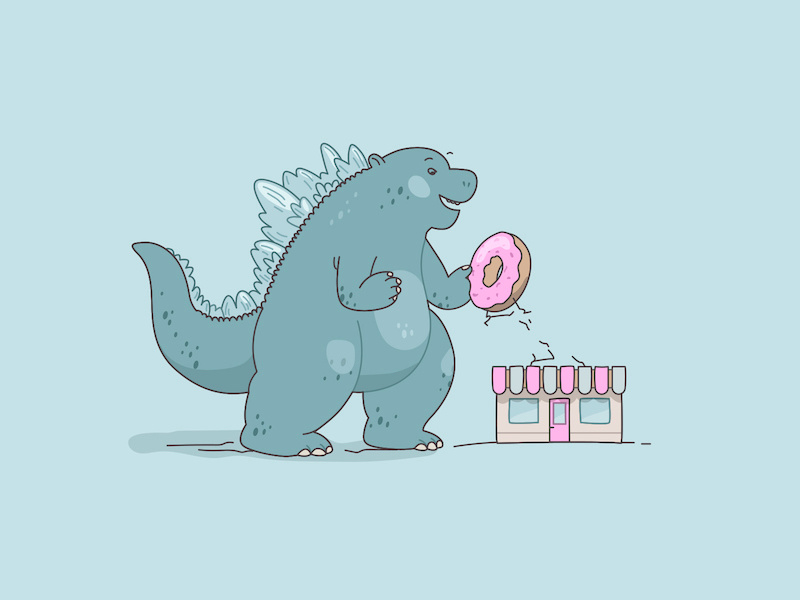 Hungry Zilla illustrations eating happy cafe pink mock japanese dragon godzilla donut sweet tooth