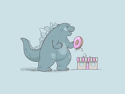 Hungry Zilla cafe donut dragon eating godzilla happy illustrations japanese mock pink sweet tooth