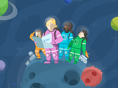 Karmabot Landing Page Illustration asteroids karma karmabot planet plus space spacemen spacewomen spcaewoman stars