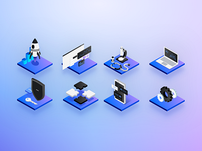 Isometric Cloud Server-less Icons 3d black blue gears gray grey icons illustrations isometric laptop magenta microscope mobile puzzle rocket security violet