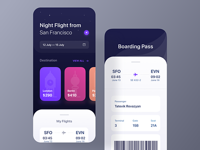 Flight Booking App avia boarding boardingpass booking minimal mobile night pass planet ticket ui ux