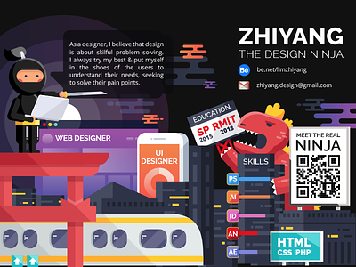 The Design Ninja flat illustration landscape monster ninja resume vector