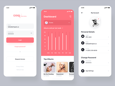 Music Industry App 🎵 accounts app clean concept dashboard design elegant entertainment etheric flat ios itunes modern monitor music app red simple spotify ui ux
