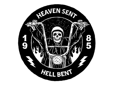 Heaven sent hell bent apparel badge branding café racer illustration lettering line art logo minimal patch reaper typography
