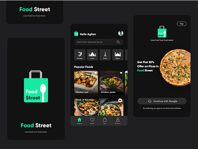 Food Street - Food delivery app in Black theme black black theme blue branding clean color design food app icons logo minimal mobile shape solid typography ui ui ux design ux vector