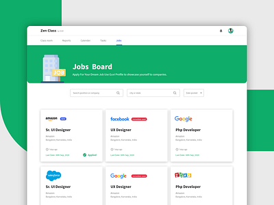 Jobs page UI Design card design clean concept conceptual design flat illustration job jobsboard minimal typography ui ux web website zenclass