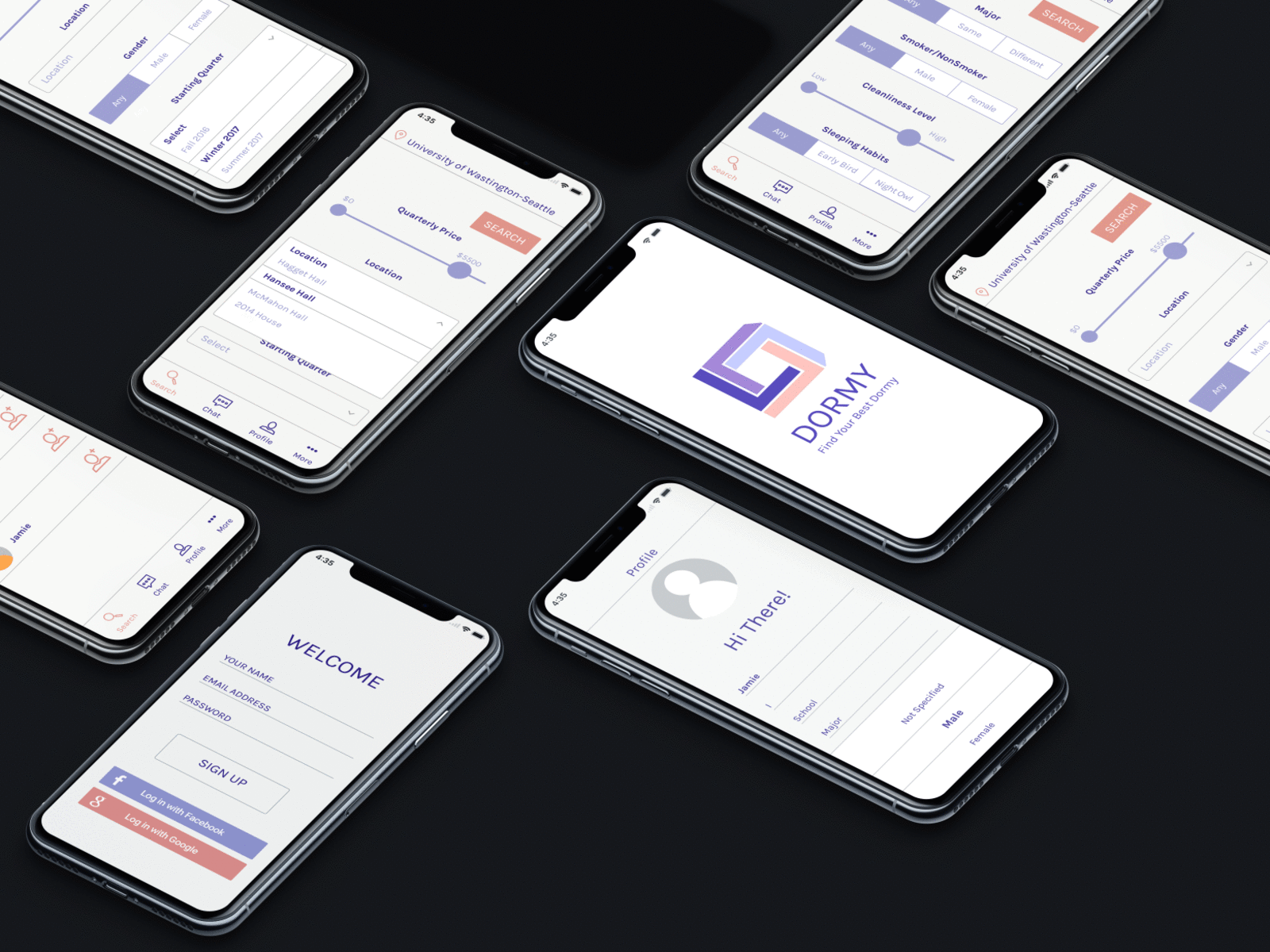 DormyScreensMockup app design ui