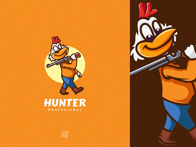 Hunter animal branding cartoon character creative design hunter illustration logo mascot modern rooster vector