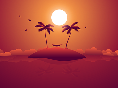 Coconut man sleeping birds clouds design hammock illustraion illustrator ocean palm palms paradise summer sunset vector