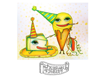 After Party bird cake children colored pencil freidt fun ice cream illustration karen party robot self