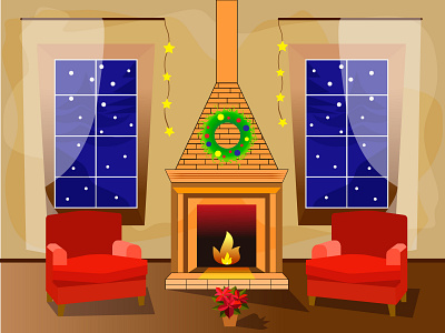 Let the wishes come true! chimney christmas design fire fireside flat house illustration night place room typography vector