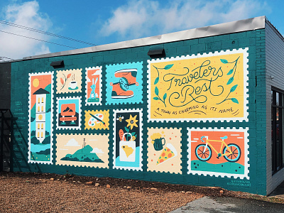 Travelers Rest Mural bike boots food handmade illustration lettering mountain mural mural design postage stamp south carolina stamp town type wall