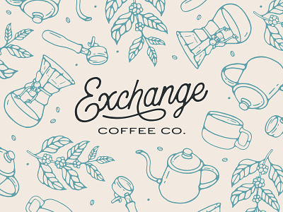 Exchange Coffee Co - Script Logo brand branding coffee design handmade illustration lettering logo pattern plant south carolina type typography wordmark