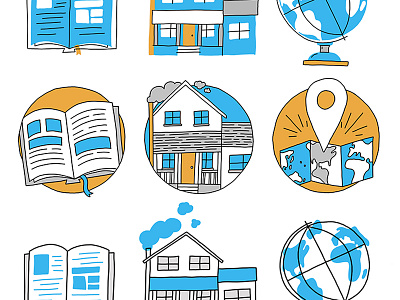 Icons WIP blue book globe house icons map yellow