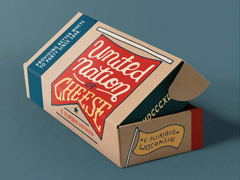 Cheese Box Concept logo. script lettering banner flag box cheese packaging