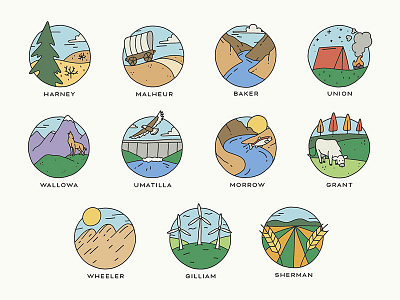 Eastern Oregon Icons counties icons illustration nature oregon river