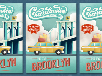 Cheeselandia Brooklyn bridge brooklyn brooklyn bridge cab car cheese cheeselandia clouds invite new york poster taxi