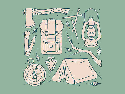Camping arrowhead axe backpack camp campfire camping compass hatchet illustration knife lantern leaf matches nature nature illustration outdoors plant tent