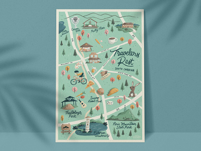 Travelers Rest Map bike cute food fun greenville handmade illustration lettering map mountains nature pizza south carolina texture travelers rest tree typography