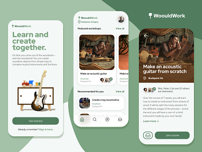 WoouldWork app – fictional woodworking workshop finder! app application design figma graphic design guitar illustration pastel ui ux ux design woodworking