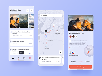 Roadtrip Planner activity app calendar cards design expand globe gradient icon itinerary map mobile nature navigation roadtrip shadow tabs travel ui weather