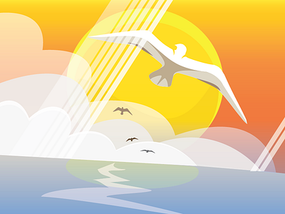 Seagulls Fly clouds flat illustration ocean rays seagull sky sunrise vector