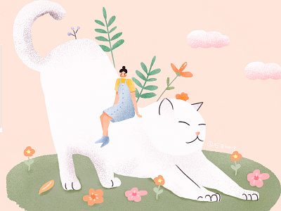 Lazy cat and little girl cat design girl illustration plant illustration 手绘