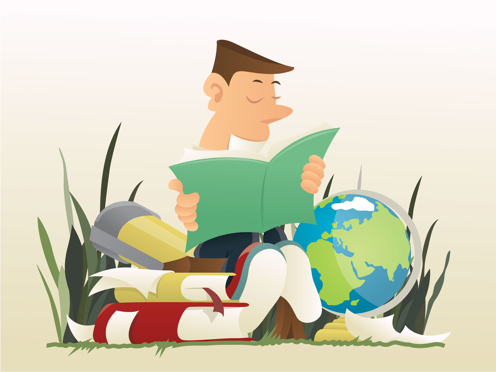 Guy studying geography on a bench in a park. by Sasa Milosevic on Dribbble