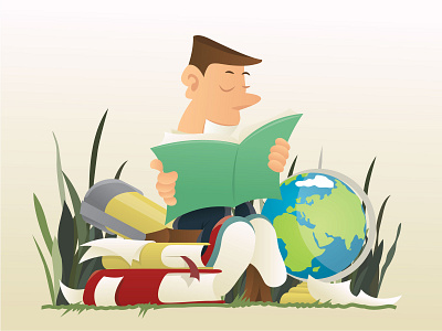 Guy studying geography on a bench in a park. bench books earth face geography globe grass happy illustration outside papers park school smile student student work studying telescope vector young