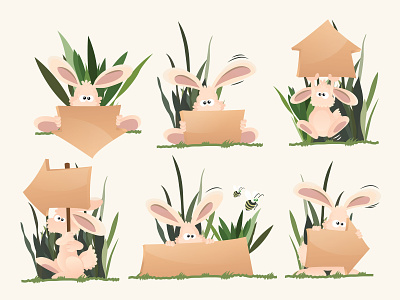Cute pink rabbits holding wooden signs. arrows bunny ears bunny logo cartoon illustration cute bunny directions down forest grass jump left middle pink rabbit right sign signup wooden arrow wooden frame wooden sign