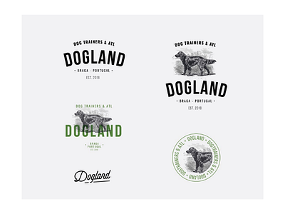 Dogland - logo versions badges branding dog atl dog illustration dog trainners dog trainning identity redesign logo badge logo illustration logotype monoline logo monoline script font monoline typography